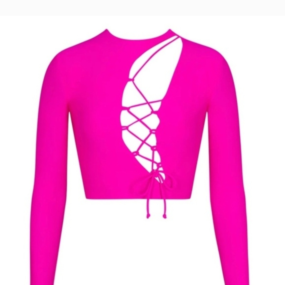 SKIMS CUT OUT LACE UP SUPER CROPPED TOP IN FUCHSIA 4X